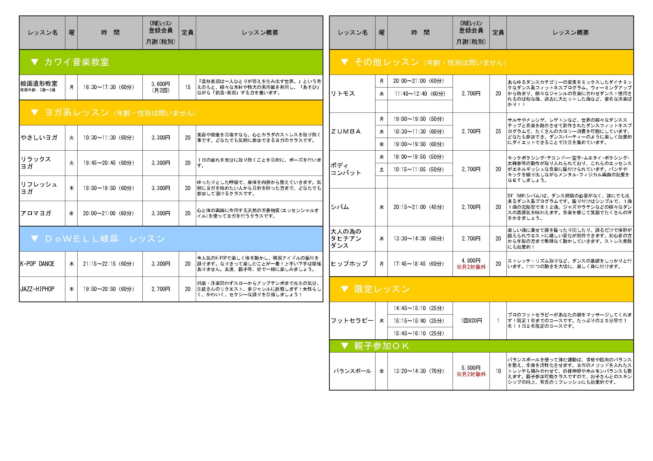 スタジオレッスン Okbぎふ清流アリーナ