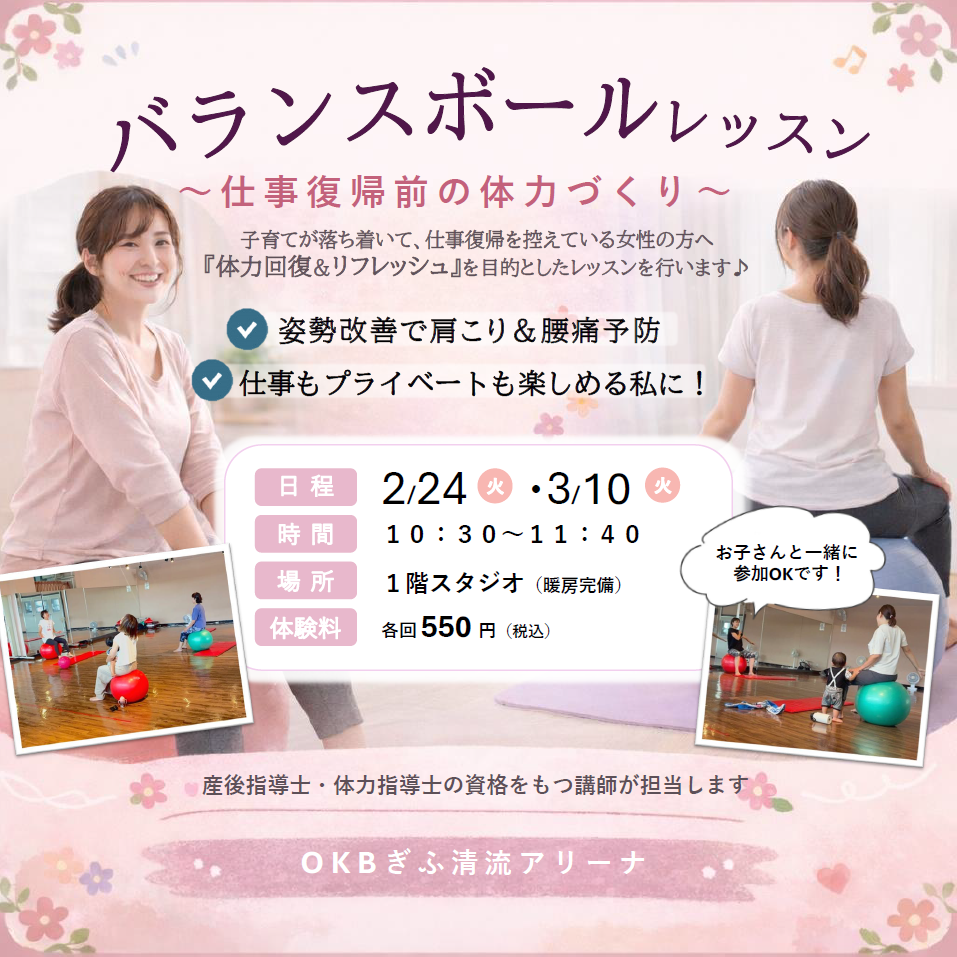バランスボール体験会
仕事復帰前の体力づくりをメインにした体験会となっています。